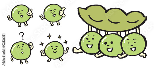 つるんと緑色に光る丸くかわいい豆のキャラ素材