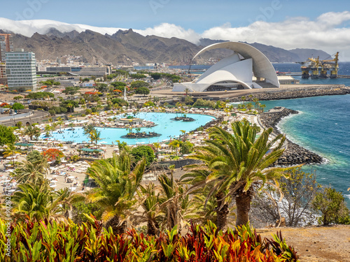 Santa Cruz de Tenerife with the city pools and Auditorio de Tenerife Adan Martin, Tenerife, Spain