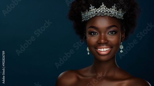 Beautiful smiling South African woman wearing tiara, earrings, necklace isolated on dark navy background with copy space.