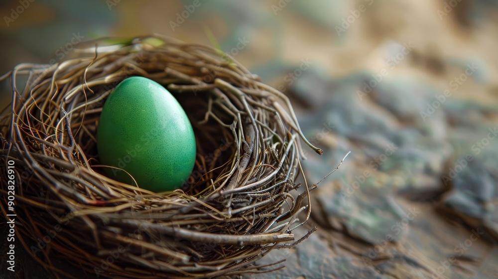 Green egg in bird nest symbolizing new beginnings and eco-friendly concepts