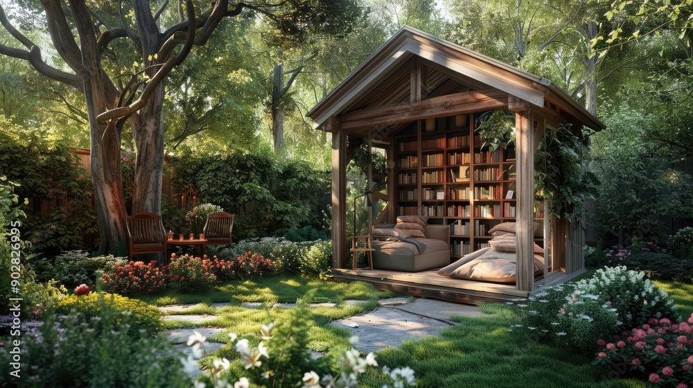 A garden house with a cozy reading nook in the garden, perfect for enjoying a book amidst nature. A garden house with a cozy reading nook in the garden, perfect for enjoying a book amidst nature.