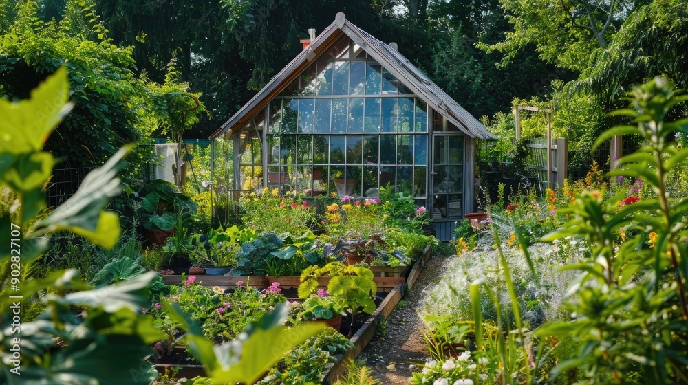 A garden house with a greenhouse attached, surrounded by a lush garden full of thriving plants. A garden house with a greenhouse attached, surrounded by a lush garden full of thriving plants.