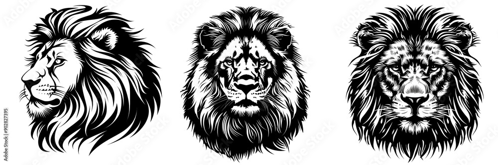 Set of Artistic black silhouette of a lion’s face, vector-style design isolated on transparent background Set of Artistic black silhouette of a lion’s face, vector-style design isolated on transparent background