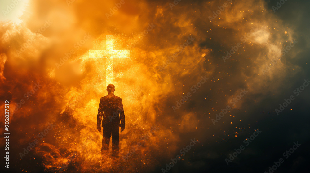 Fototapeta premium The silhouette of a person standing in front of a glowing cross in an environment filled with what appears to be flames and smoke. This image reflects a powerful spiritual struggle.