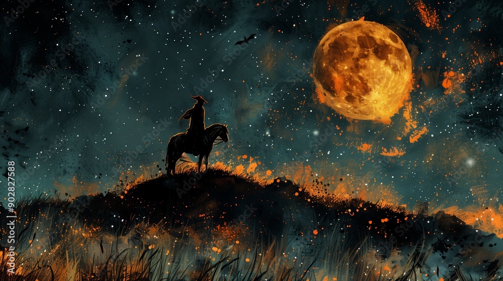 Naklejka premium Majestic Silhouette of a Rider on Horseback Under a Glowing Full Moon