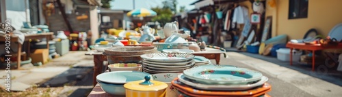 A table full of pottery and dishes. The table is outdoors and has a rustic feel to it