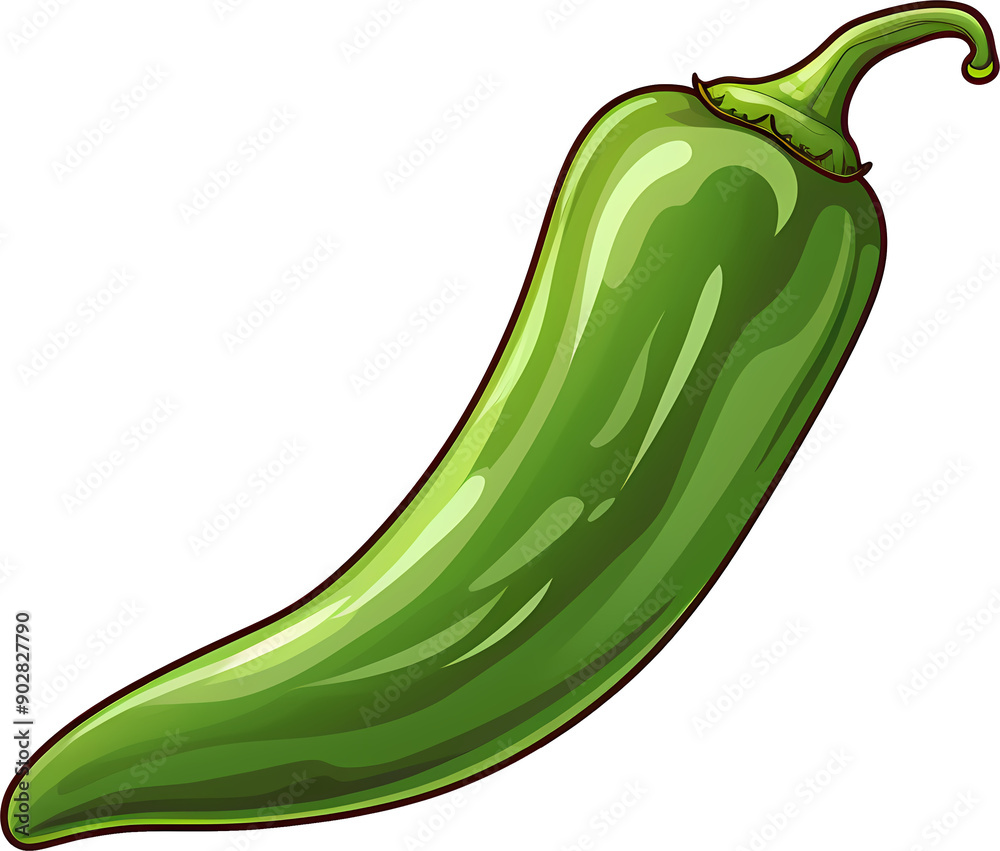 Green Chili Pepper Illustration: A vibrant, green chili pepper isolated on a white background. The illustration showcases the pepper's detailed texture and form, perfect for culinary, spice Green Chili Pepper Illustration: A vibrant, green chili pepper isolated on a white background. The illustration showcases the pepper's detailed texture and form, perfect for culinary, spice