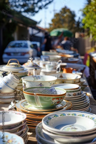 A table full of pottery and dishes. The table is outdoors and has a rustic feel to it