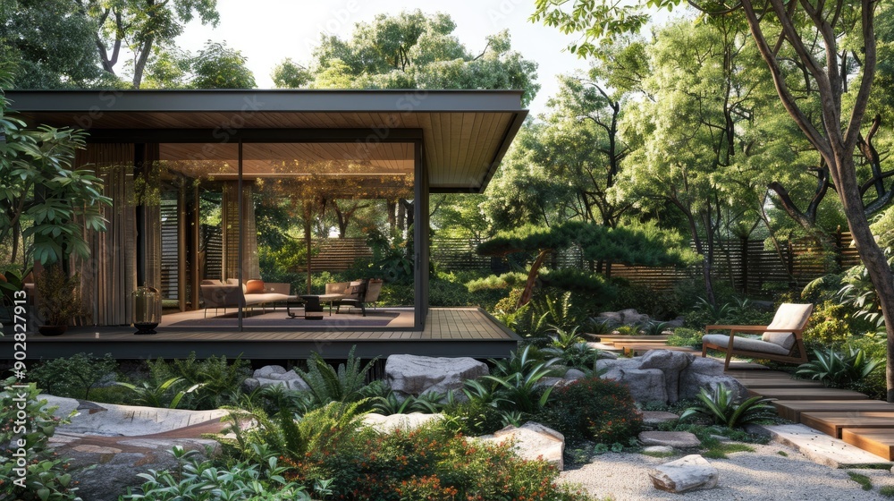 A garden house with a tranquil meditation garden, designed for relaxation and mindfulness. A garden house with a tranquil meditation garden, designed for relaxation and mindfulness.