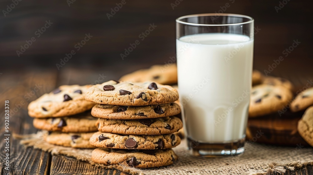 A glass of milk next to a stack of homemade chocolate chip cookies on a wooden table. A glass of milk next to a stack of homemade chocolate chip cookies on a wooden table.