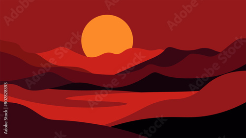Abstract red desert landscape with sand hills.  Bohemian aesthetic nature scenery with mountain and sun. Vector boho background