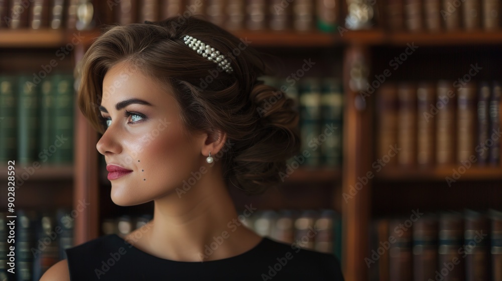 Fototapeta premium Timeless Elegance: Sophisticated Model in Black Dress with Pearls in Vintage Library