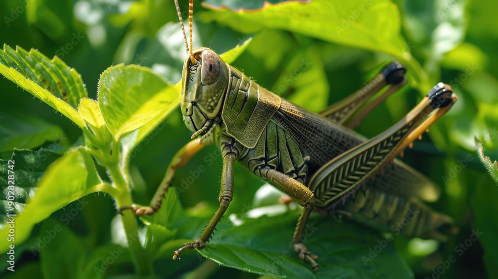 Fototapeta premium A grasshopper camouflaged among the green leaves of a garden.