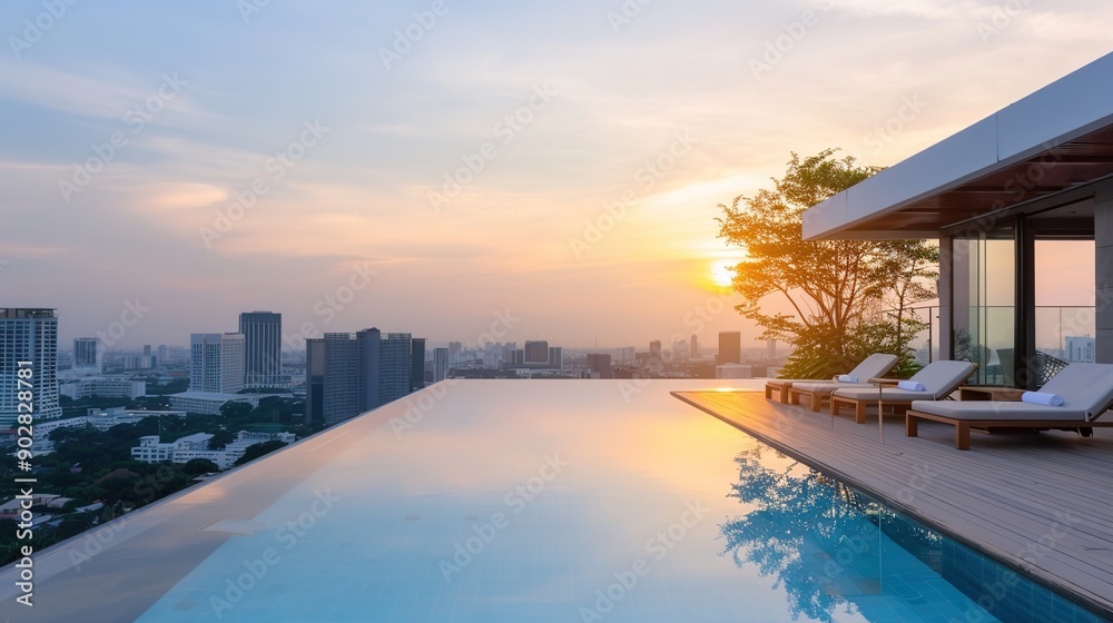 Fototapeta premium Serene Sunset Oasis: Rooftop Hotel Pool with City Skyline View and Ambient Lighting