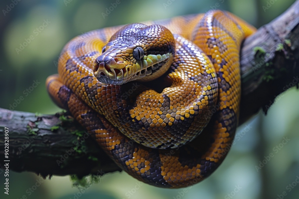Captivating Python Coiled Around Tree Branch, Demonstrating Strength and Adaptability