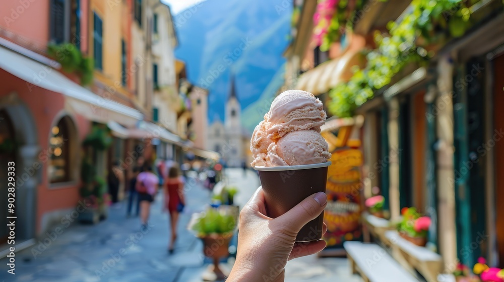Fototapeta premium A hand holding a cup of gelato with two scoops, in front of a picturesque Italian street.