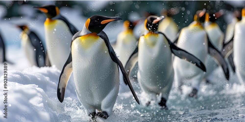 Fototapeta premium Unity in Waddles: Penguins Demonstrating Social Behavior and Community on the Ice