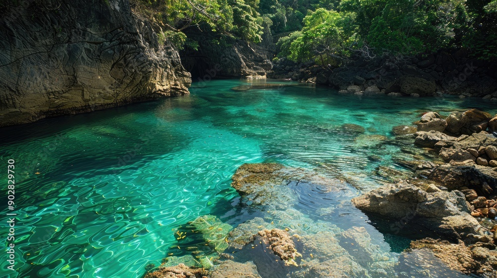 Naklejka premium A hidden lagoon with a rocky shoreline and clear, blue-green water, perfect for snorkeling.