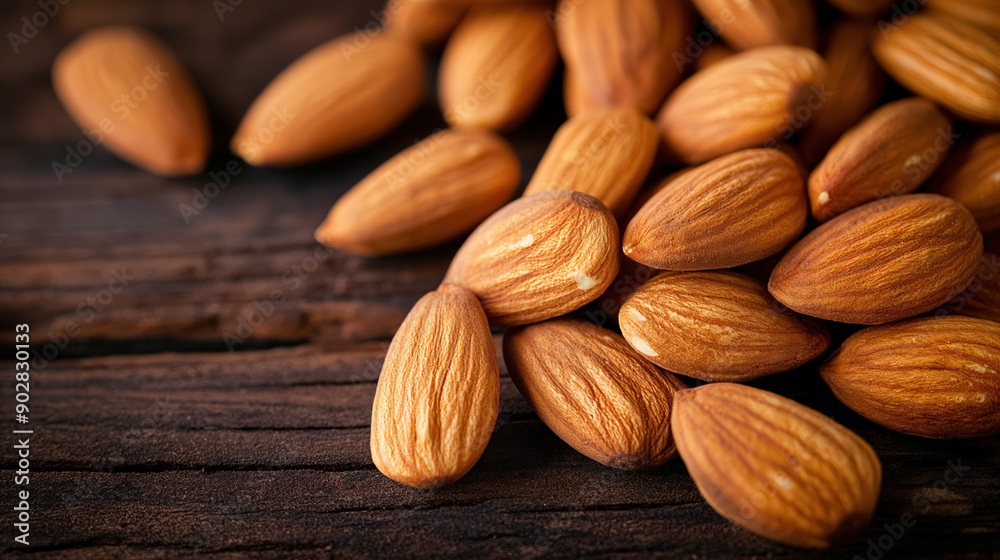 Pile of raw almonds with their brown, textured shells on a dark wooden surface, emphasizing their natural and healthy qualities. Pile of raw almonds with their brown, textured shells on a dark wooden surface, emphasizing their natural and healthy qualities.