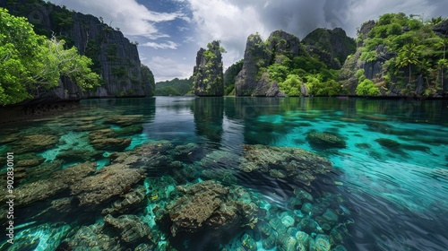 A lagoon surrounded by dramatic cliffs and lush vegetation, with crystal clear water. photo