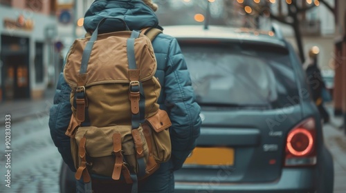 Person With Backpack Standing Near Vehicle on Cobblestone Street at Dusk While Soft Lights Illuminate Surroundings