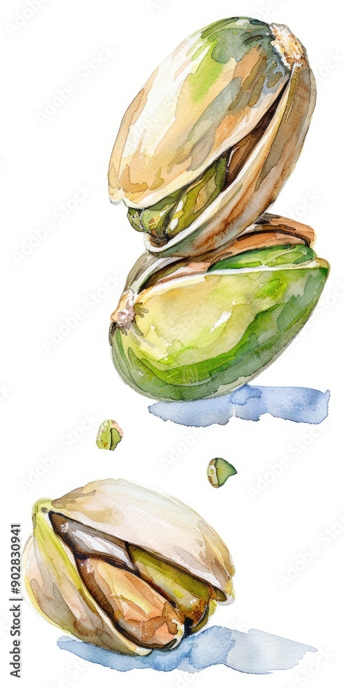Naklejka premium Watercolor Pistachio Nuts. Delicious and Healthy Snack on White Background