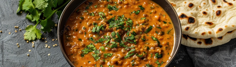 A bowl of red and white curry sits on a table next to a plate of flatbread. The curry is garnished with parsley and cilantro, and the flatbread is browned and crispy A bowl of red and white curry sits on a table next to a plate of flatbread. The curry is garnished with parsley and cilantro, and the flatbread is browned and crispy
