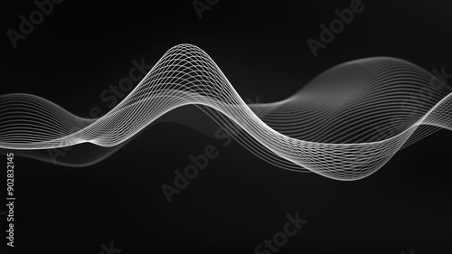 White wave on a black background. Looped vector wave of gray color. Linear wave, graphic shape flow. Digital monochrome, black and white background. Smoke illustration. Smooth water level surface.