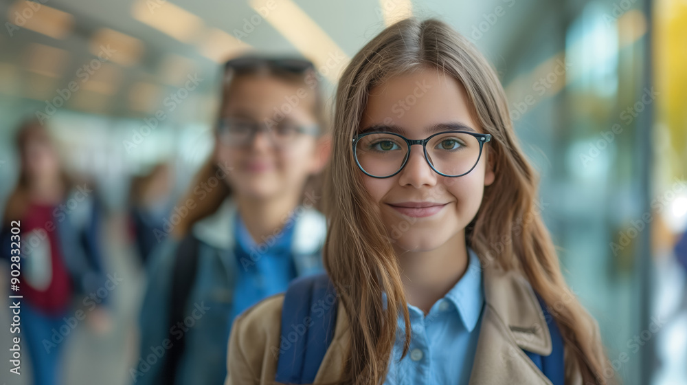 Young girl with glasses, smiling confidently in a bright indoor setting, with blurred people in the background indicating a school environment. Young girl with glasses, smiling confidently in a bright indoor setting, with blurred people in the background indicating a school environment.