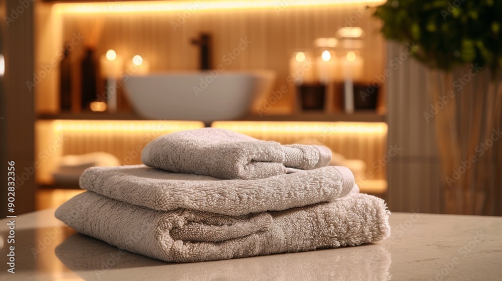 A fluffy terry towel neatly folded on a bathroom counter A fluffy terry towel neatly folded on a bathroom counter