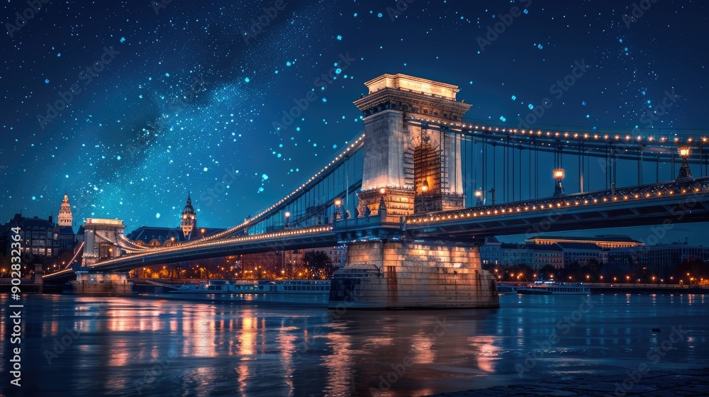 Obraz premium A majestic bridge adorned with twinkling lights, creating a stunning night scene.