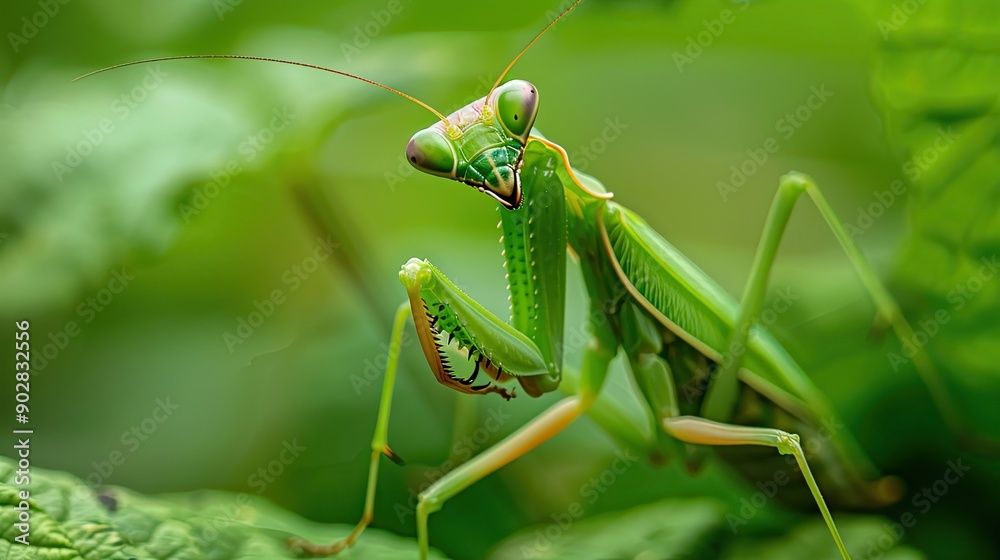 A mantis religiosa (praying mantis) with its front legs folded, ready to pounce. A mantis religiosa (praying mantis) with its front legs folded, ready to pounce.