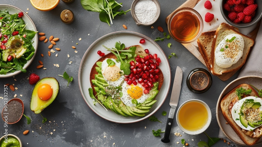 A modern breakfast table with avocado toast, poached eggs, and a smoothie bowl. A modern breakfast table with avocado toast, poached eggs, and a smoothie bowl.