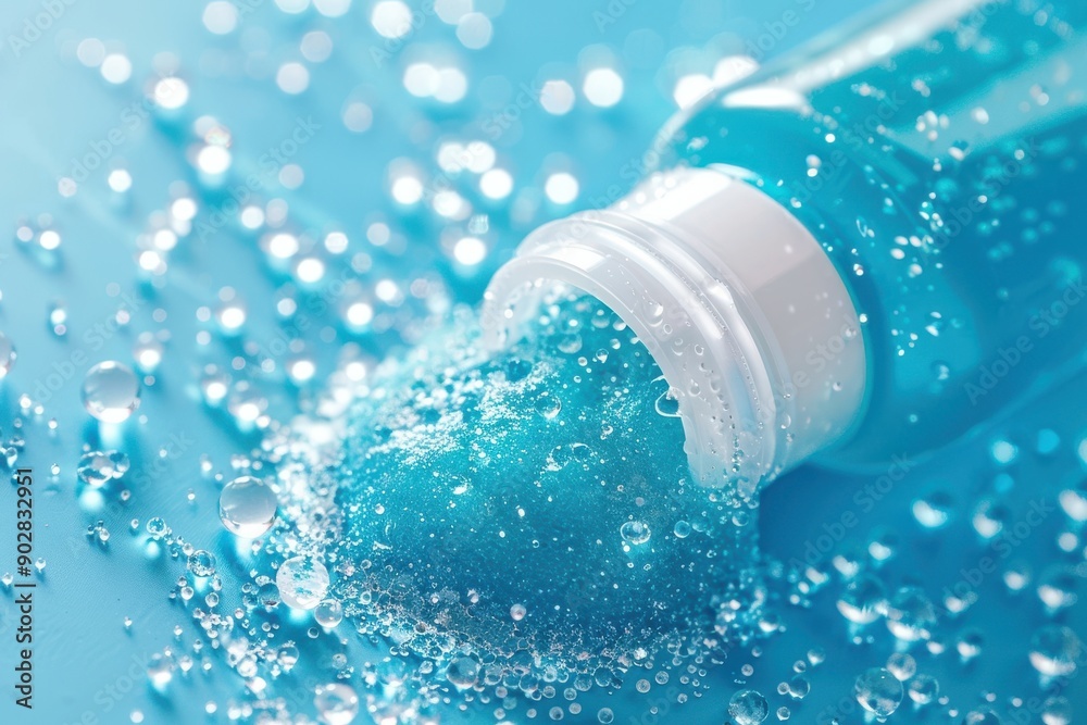 A bottle of blue liquid with a white cap is poured out onto a blue surface A bottle of blue liquid with a white cap is poured out onto a blue surface