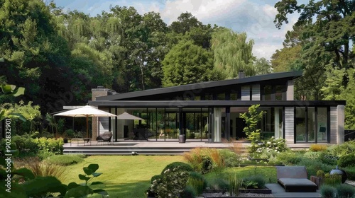 A modern garden house with sleek lines and large windows, blending seamlessly with the surrounding garden.