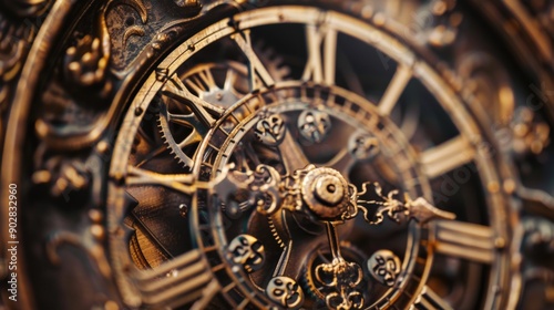 A vintage clock showcases intricate ornate hands and gears, revealing impressive craftsmanship with a rich, aged patina