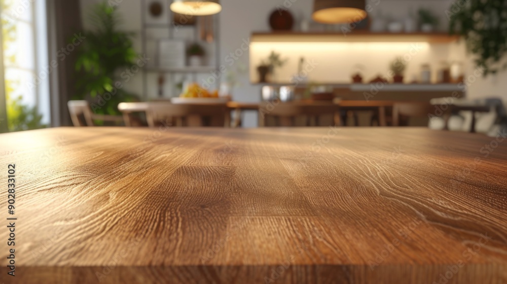 A smooth wooden tabletop with a warm, natural grain, set against a blurred background A smooth wooden tabletop with a warm, natural grain, set against a blurred background