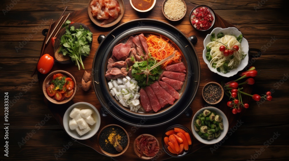 A large bowl of food with many different types of food in it. The bowl is on a wooden table A large bowl of food with many different types of food in it. The bowl is on a wooden table
