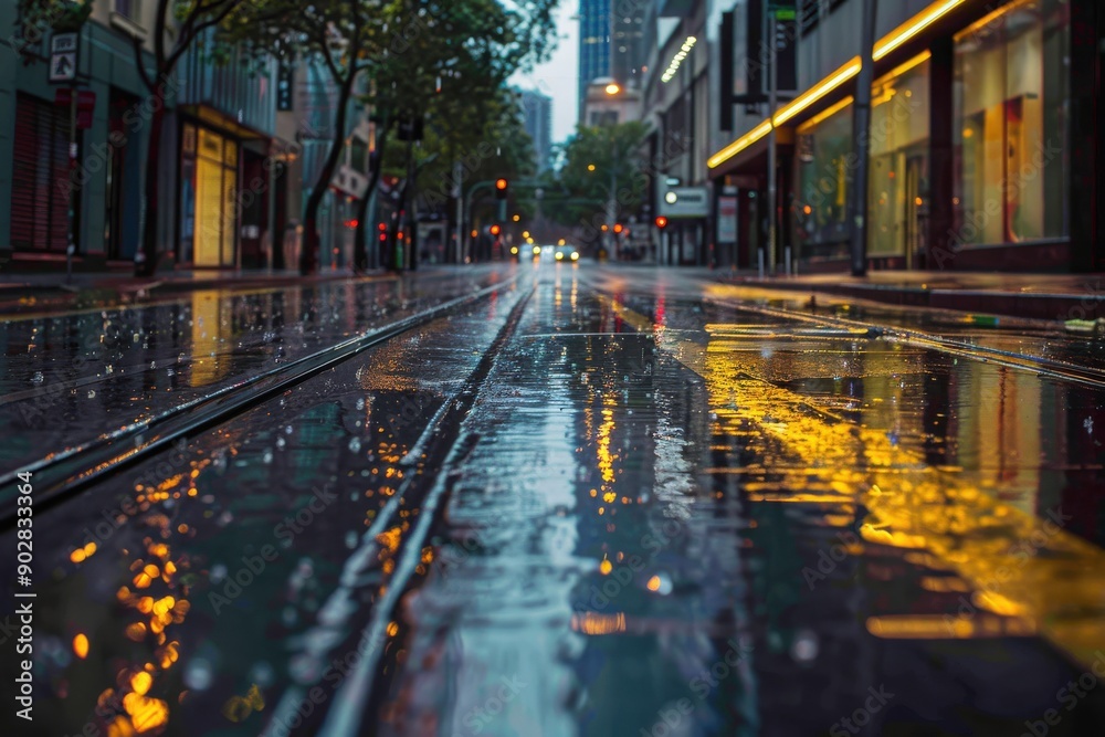 A rainy city street with reflections of lights on the wet pavement A rainy city street with reflections of lights on the wet pavement