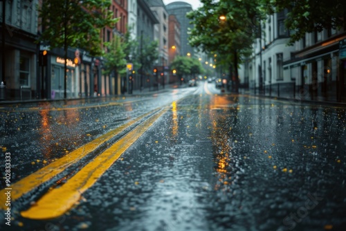 A rainy street with a yellow line separating the two lanes
