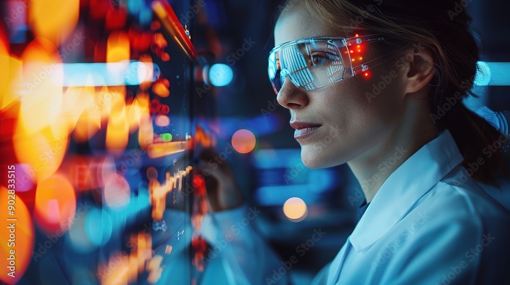 Focused on Innovation: A female scientist, wearing protective eyewear, gazes intently at a glowing technological interface, immersed in the world of research and discovery. Focused on Innovation: A female scientist, wearing protective eyewear, gazes intently at a glowing technological interface, immersed in the world of research and discovery.