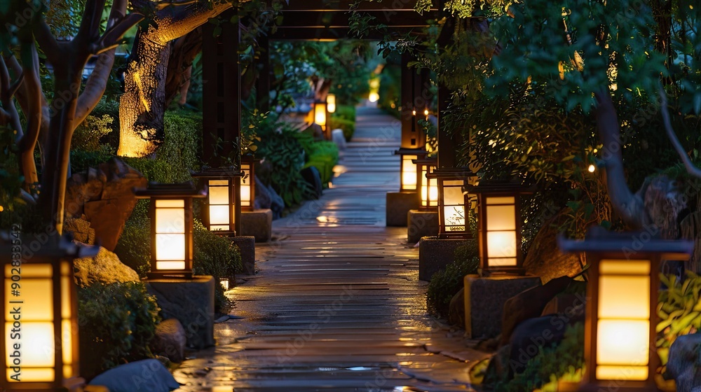A pathway lit by elegant lanterns, creating a warm and inviting atmosphere. A pathway lit by elegant lanterns, creating a warm and inviting atmosphere.