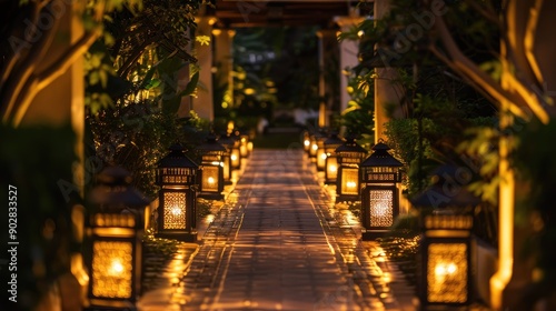 A pathway lit by elegant lanterns, creating a warm and inviting atmosphere.