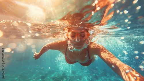 Young Woman Diving Underwater in the Sea on a Sunny Day