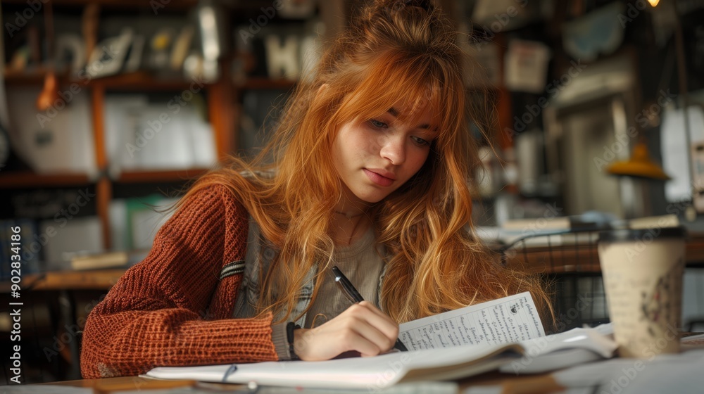 A young woman with long red hair is focused at a coffee shop table, creating a detailed mind map for her essay. Her pen moves across the page A young woman with long red hair is focused at a coffee shop table, creating a detailed mind map for her essay. Her pen moves across the page