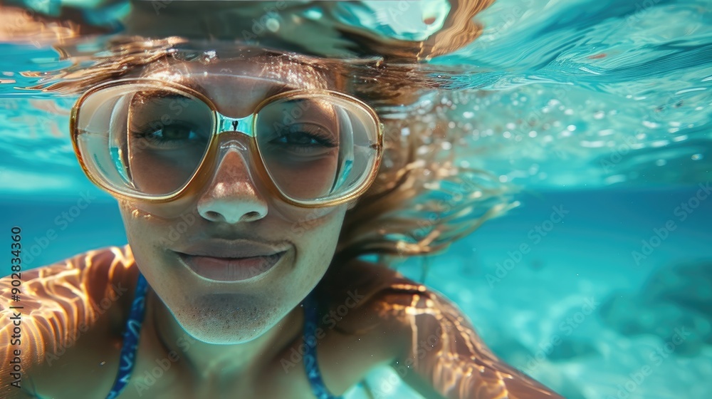 Naklejka premium Young Woman Diving Underwater in the Sea on a Sunny Day