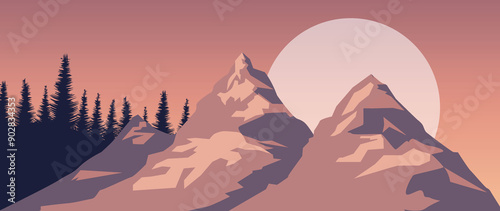 Flat illustration. Wonderful mountainous nature. Travel concepts. Beautiful view of mountains and forests. Perfect picture for your screensaver, cover, card and more..