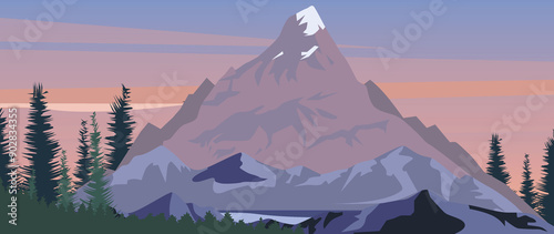 Flat illustration. Wonderful mountainous nature. Travel concepts. Beautiful view of mountains and forests. Perfect picture for your screensaver, cover, card and more..