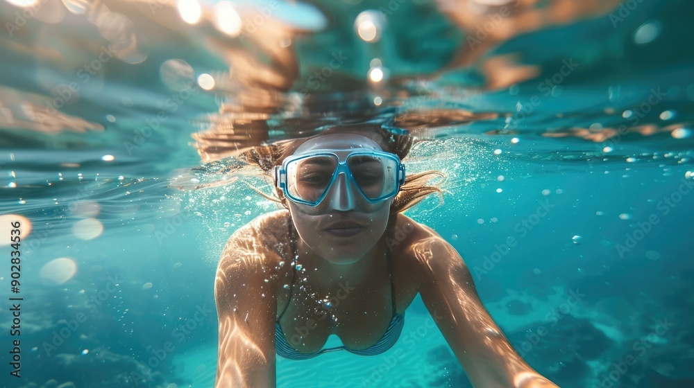 Naklejka premium Young Woman Diving Underwater in the Sea on a Sunny Day