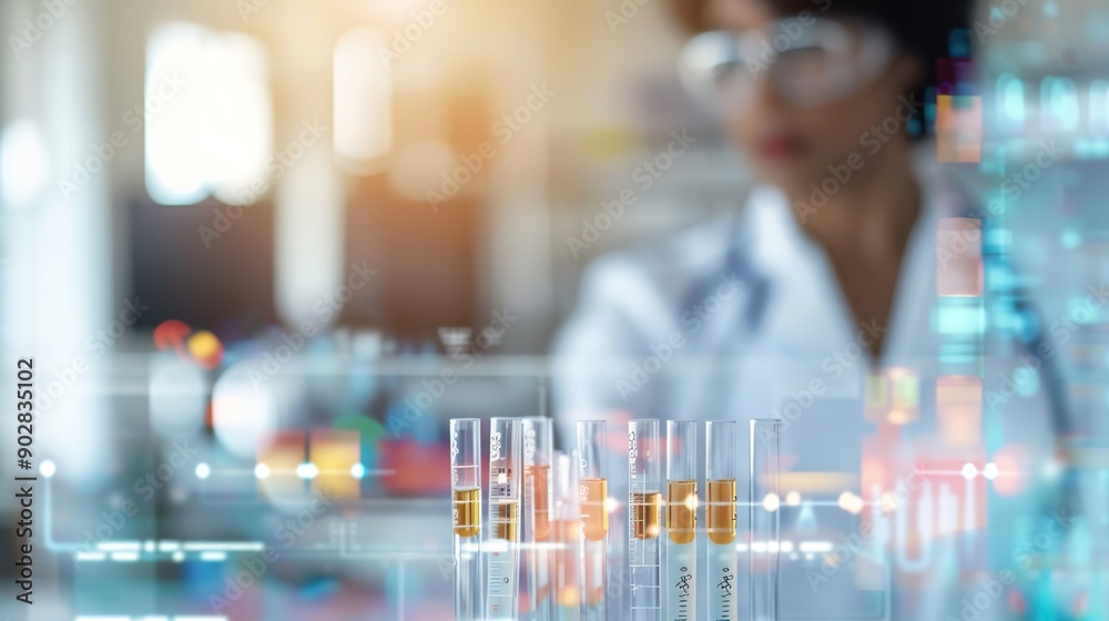 Innovative Medical Researcher in Laboratory with Test Tubes and Digital Charts Achieving Breakthrough Discoveries Innovative Medical Researcher in Laboratory with Test Tubes and Digital Charts Achieving Breakthrough Discoveries